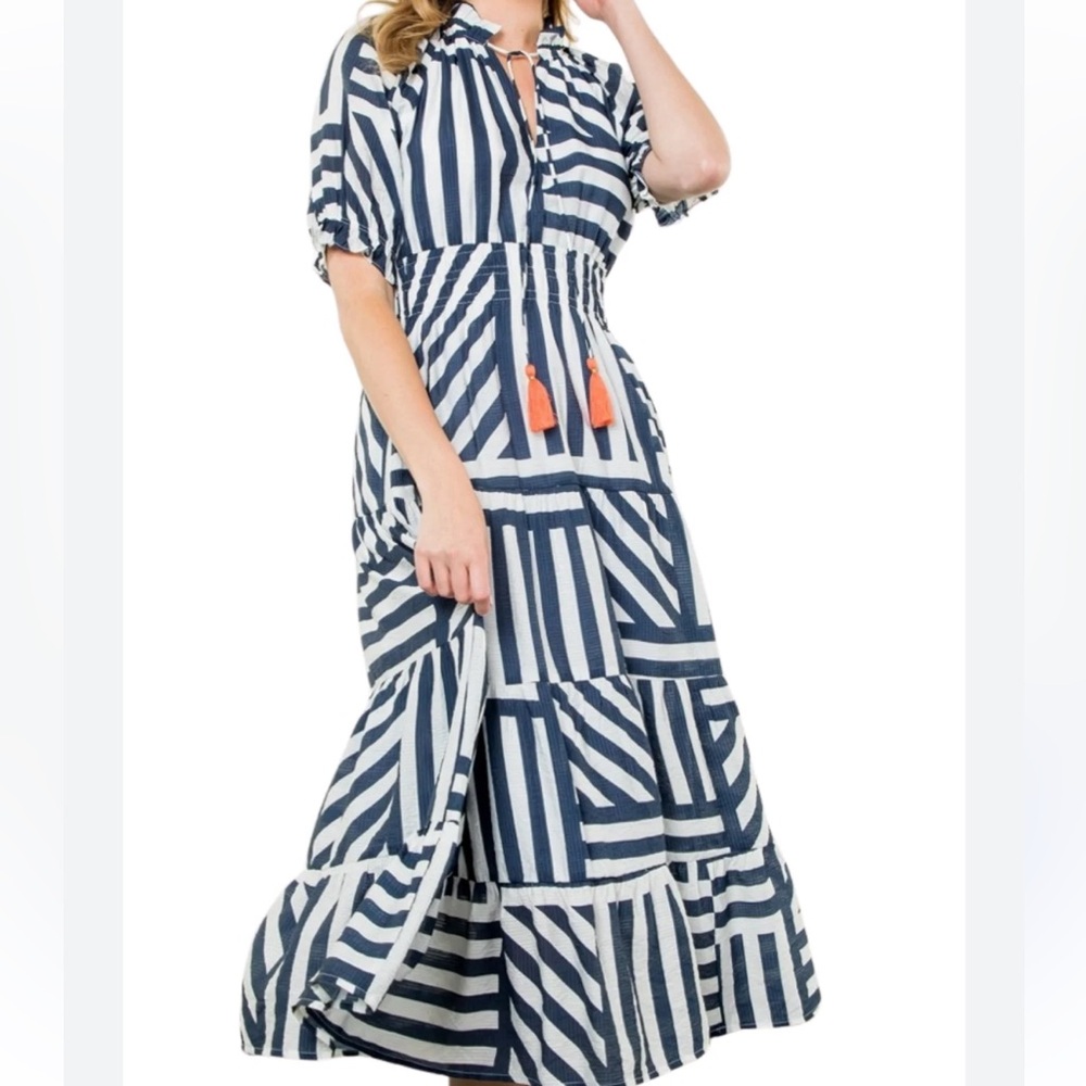 THML Navy and White Geometric Puff Sleeve Midi Dress